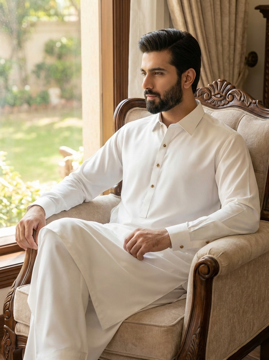 Gul Ahmed Men Unstitched Boski Suit | Color - Pearl White