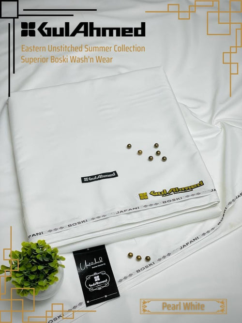 Gul Ahmed Men Unstitched Boski Suit | Color - Pearl White